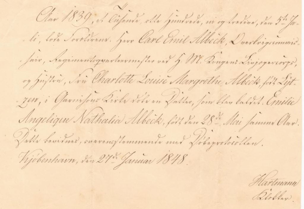 75.132  Udskrift af dåbsattest fra 1848 på Angelique Nathalia Albeck, født 28. maj 1839 og døbt samme år 5. juli.