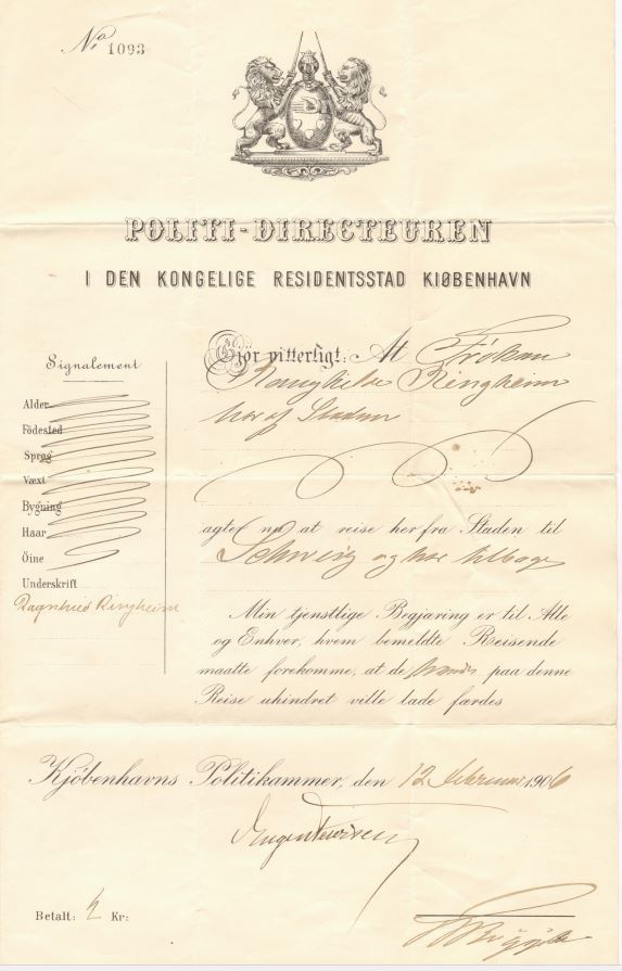 75.144  Internationalt rejsepas for Ranghild Ringheim fra 12 februar 1906 for at kunne rejse til Schweiz. Tekst på fransk og dansk. Ranghild var født 1882, så hun var cirka 22 år ved afrejsen.
