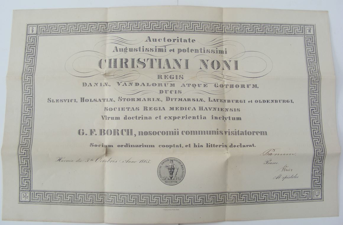 75.146  Autorisation som læge for Georg Ferdinand Borch, udstedt 5 oktober 1865 hvor Borch var 30 år gammel.