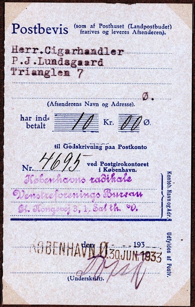 70.497 Kvittering Radikale 1933.