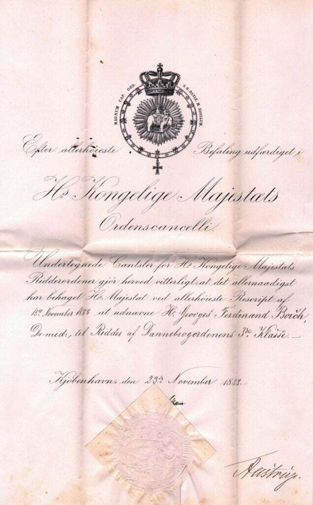 75.115 Udnævnelse til Ridder af Dannebrogsordenens tredie klasse for Georg Ferdinand Borch 23. november 1888.