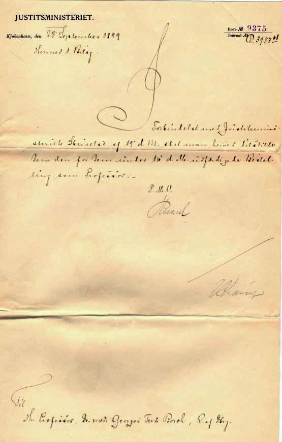 75.121 Skrivelse fra Justitsministeriet 23. september 1899 i forbindelse med Georg Ferdinand Borchs udnævnelse til professor.
