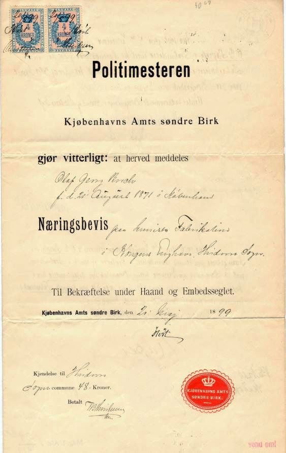 75.141.1 Næringsbevis for Olaf Georg Borch f. 21.8 1871 som fabrikant